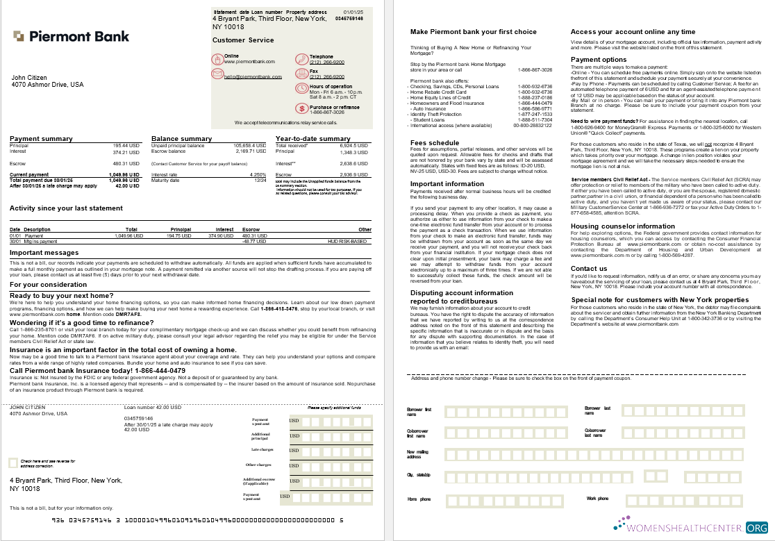 Download USA Piermont bank mortgage statement in Word and PDF formats, 2 pages Photoshop template